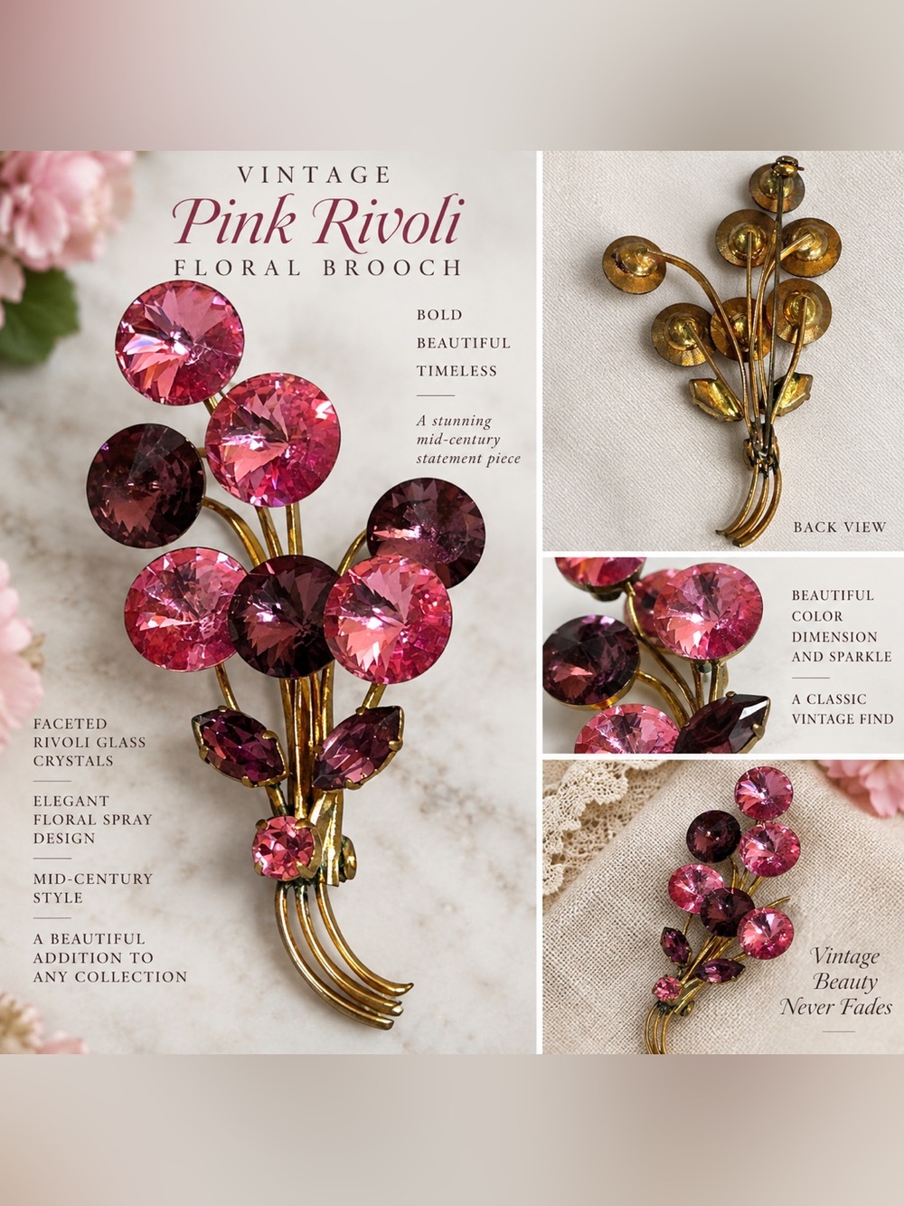 Vintage Austrian Pink Rivoli Floral Brooch - Pink Crystal Statement Pin